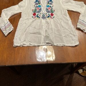 Johnny Was White Blouse with Multicolor Embroidery